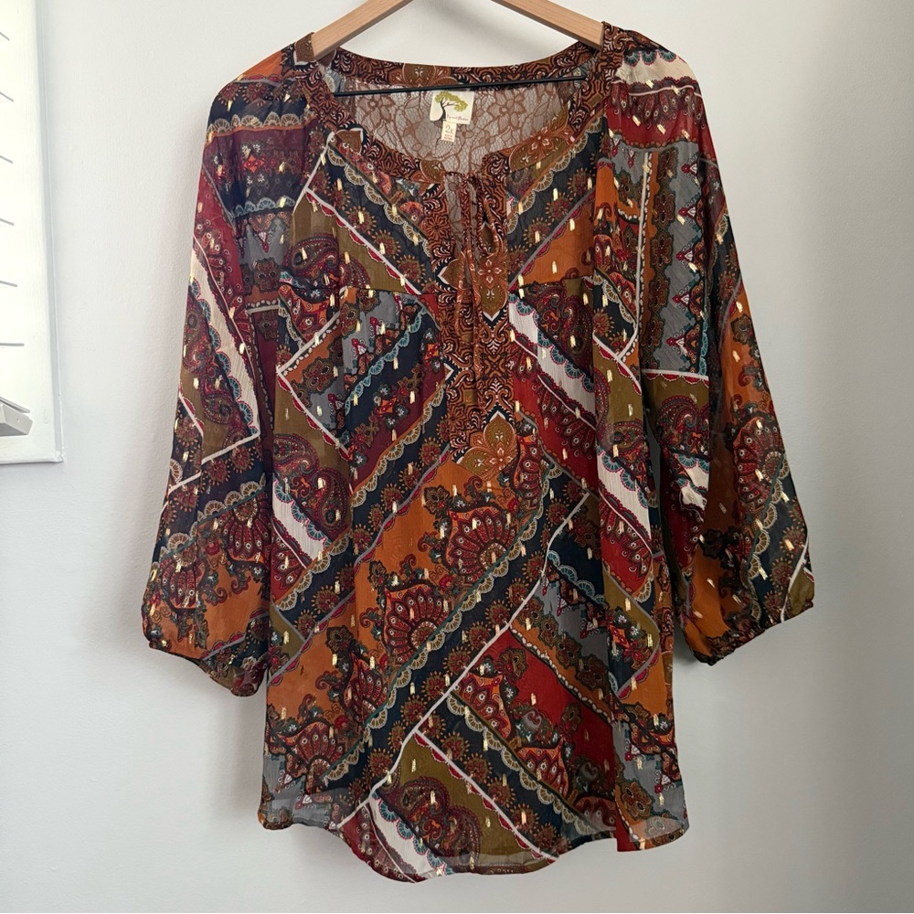 Fig & Flower 2X Tie Front Blouse Paisley Peasant Gypsy Boho Puff Sleeve Relaxed